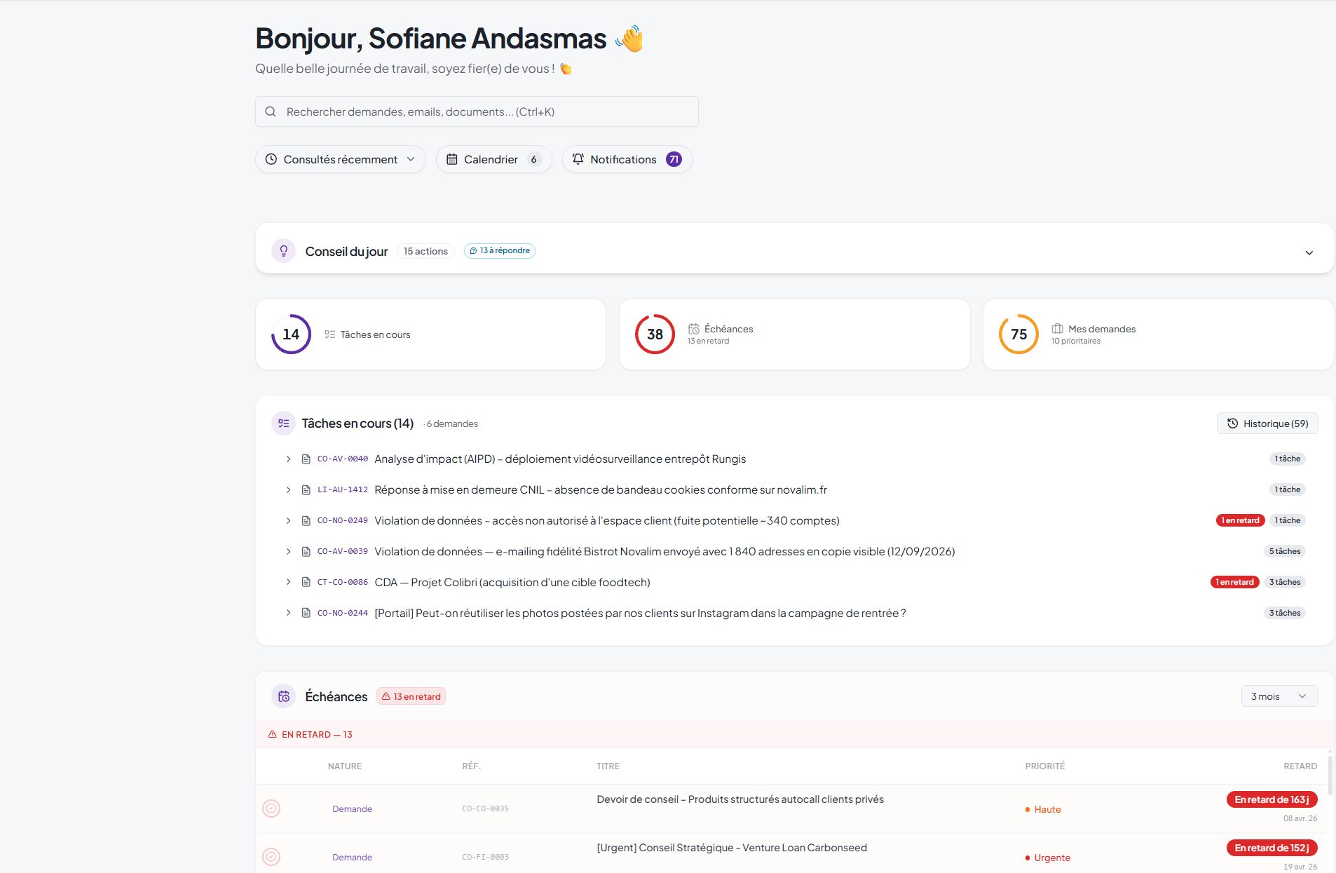 Tableau de bord Juriview : vue d'ensemble des tickets juridiques, contrats et échéances en cours