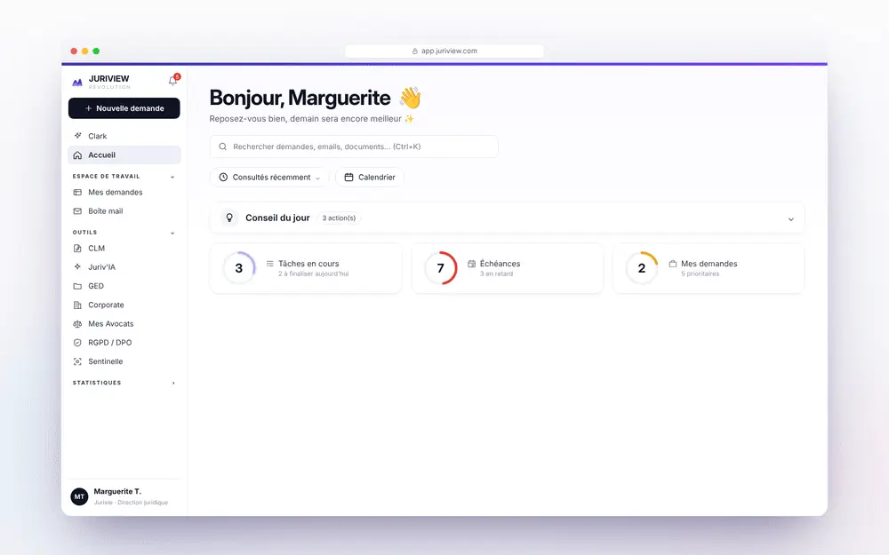 Tableau de bord Juriview : vue d'ensemble des tickets juridiques, contrats et échéances en cours